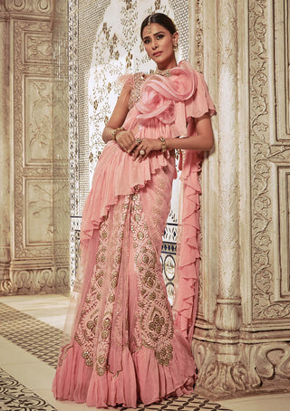 Archana Kochhar-Powder Pink Lucknowi Saree Set-INDIASPOPUP.COM