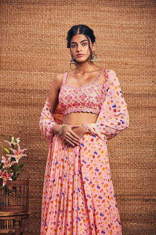 Aneesh Agarwaal-Pink Floral Printed Cape Skirt Set-INDIASPOPUP.COM