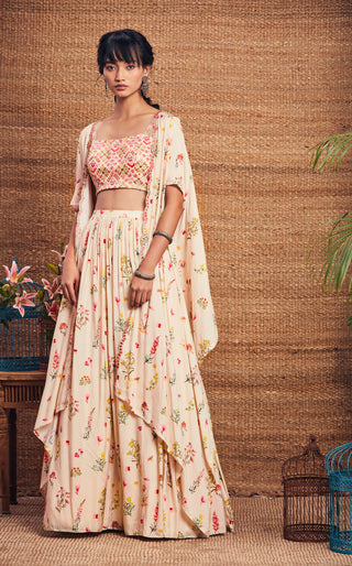 Aneesh Agarwaal-Ivory Multi Floral Cape Skirt Set-INDIASPOPUP.COM