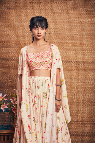 Aneesh Agarwaal-Ivory Multi Floral Cape Skirt Set-INDIASPOPUP.COM