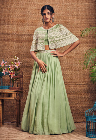 Aneesh Agarwaal-Green Circular Cape Skirt Set-INDIASPOPUP.COM