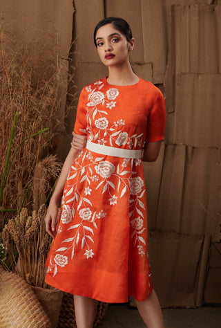 Orange Embroidered Dress With Belt