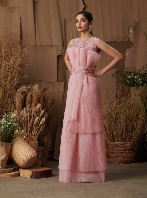 Pink Pleated Embroidered Gown