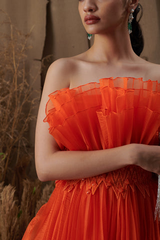 Orange Pleated Ruffle Dress With Belt