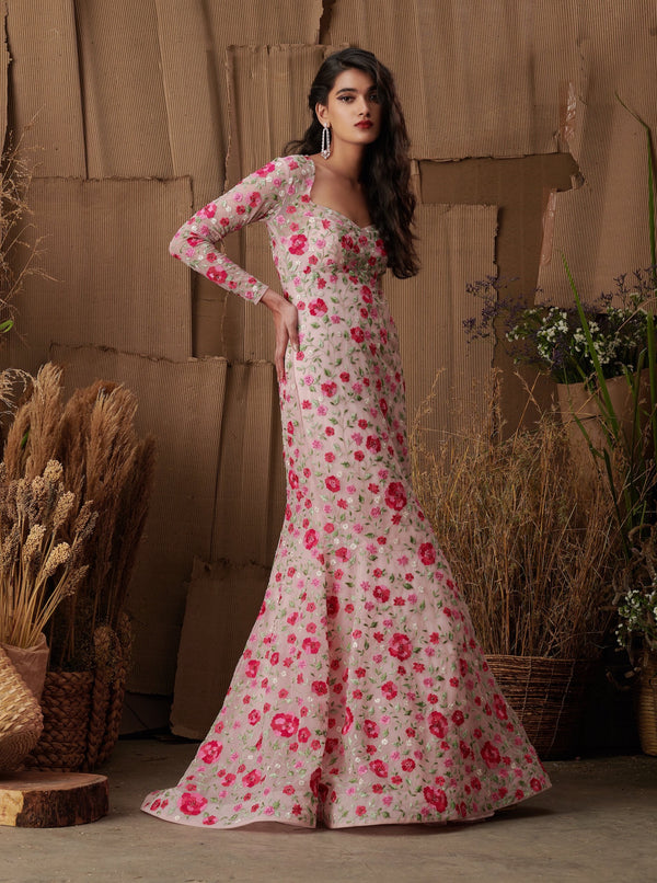Pink Floral Embellished Fishtail Gown