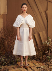 Ivory Taffeta Draped Midi Dress