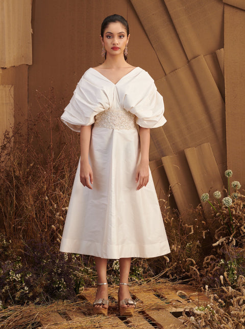 Ivory Taffeta Draped Midi Dress