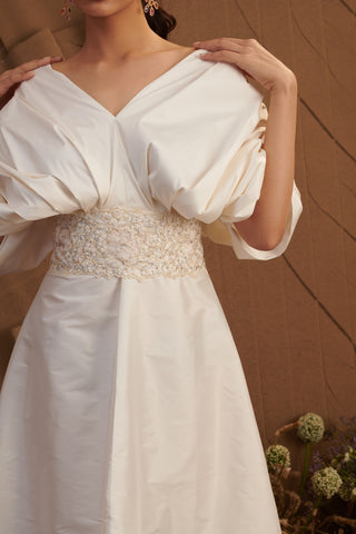 Ivory Taffeta Draped Midi Dress