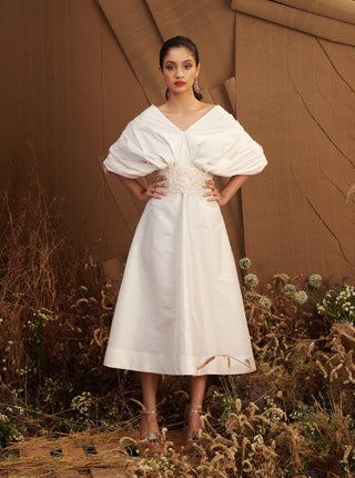 Ivory Taffeta Draped Midi Dress