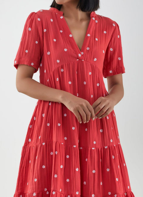 Be-Blu-Valentina Red Embroidered Mini Dress-INDIASPOPUP.COM