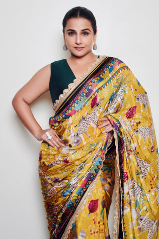 Green Printed Saree With Unstitched Blouse