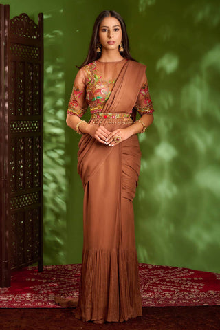 Aman Takyar-Brown Embroidered Saree Set-INDIASPOPUP.COM