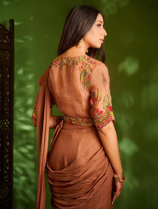 Aman Takyar-Brown Embroidered Saree Set-INDIASPOPUP.COM