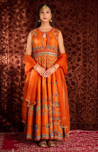 Aman Takyar-Tangerine Rust Embroidered Anarkali Set-INDIASPOPUP.COM