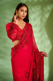 Aman Takyar-Bright Red Embroidered Saree With Blouse-INDIASPOPUP.COM