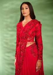 Aman Takyar-Bright Red Embroidered Saree With Blouse-INDIASPOPUP.COM