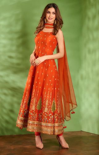 Aman Takyar-Tangerine Rust  Embroidered Anarkali Set-INDIASPOPUP.COM