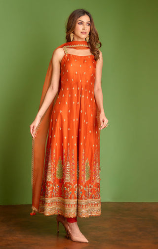 Aman Takyar-Tangerine Rust  Embroidered Anarkali Set-INDIASPOPUP.COM