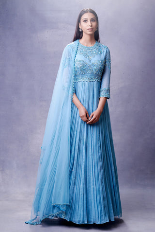 Aman Takyar-Ice Blue Anarkali Set-INDIASPOPUP.COM